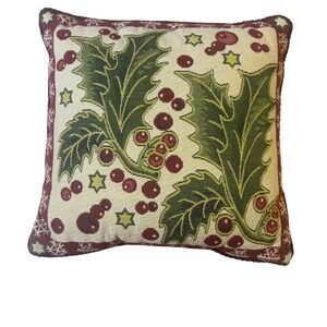 Capisserie Tapestry Christmas Holly Berry Woven Cotton‎ Accent Pillow 12x12 USA